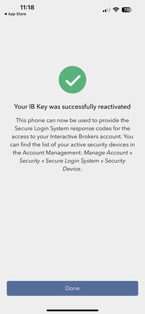 The IB Key successfully reactivated page for the iPhone. 